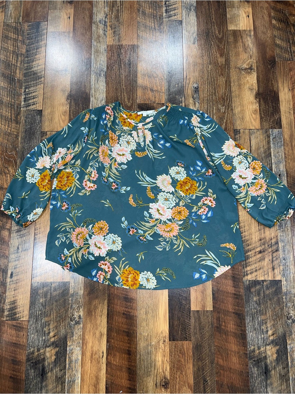 fun 2 fun Teal Green Floral Peasant Blouse